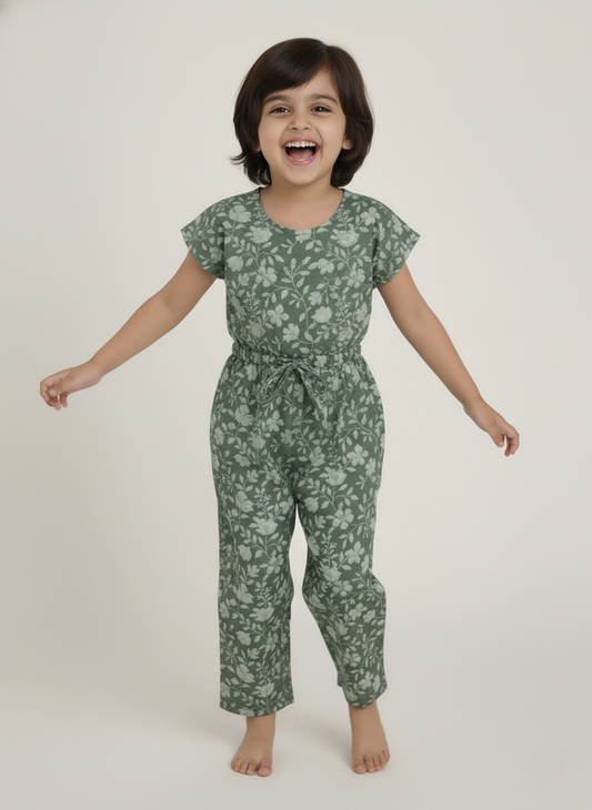 Fiona Jumpsuit – Sage, Toddler & Tween, Cotton, Drawstring Detail, Back Button Closure