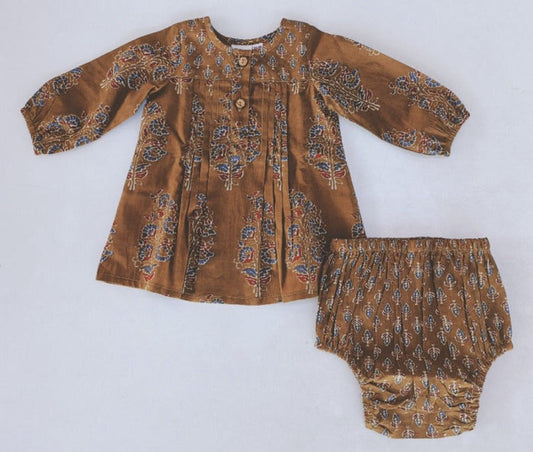 Floral Dress Long Sleeve With Pintuck Detail & Diaper Cover Set dress & diaper cover Yo Baby India