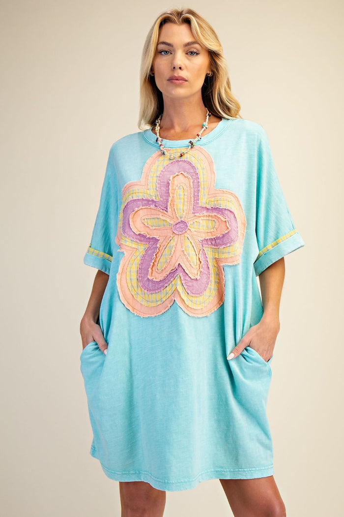 FLORAL PATCH FRONT WASHED COTTON DRESS