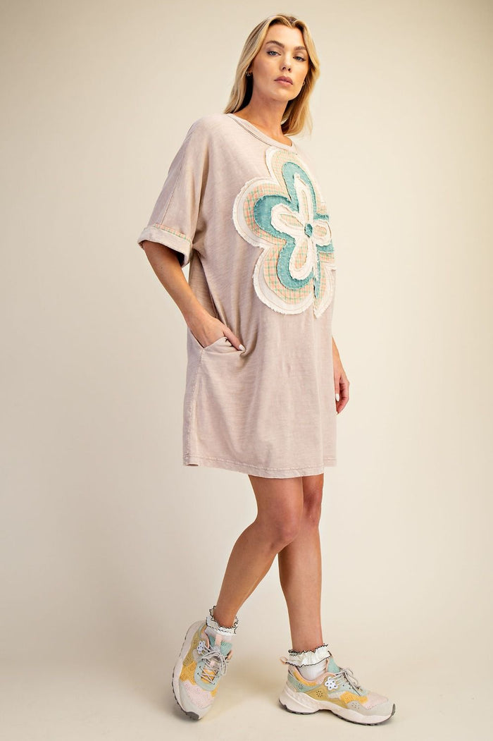 FLORAL PATCH FRONT WASHED COTTON DRESS