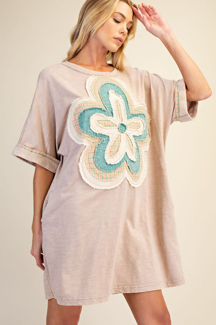FLORAL PATCH FRONT WASHED COTTON DRESS