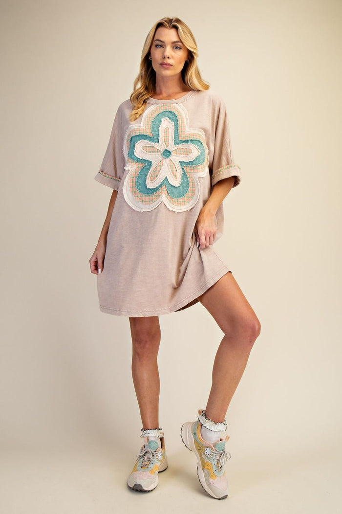 FLORAL PATCH FRONT WASHED COTTON DRESS