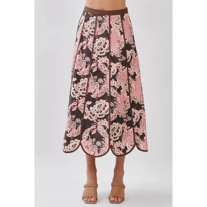 Floral Print Scalloped Paneled Midi Skirt