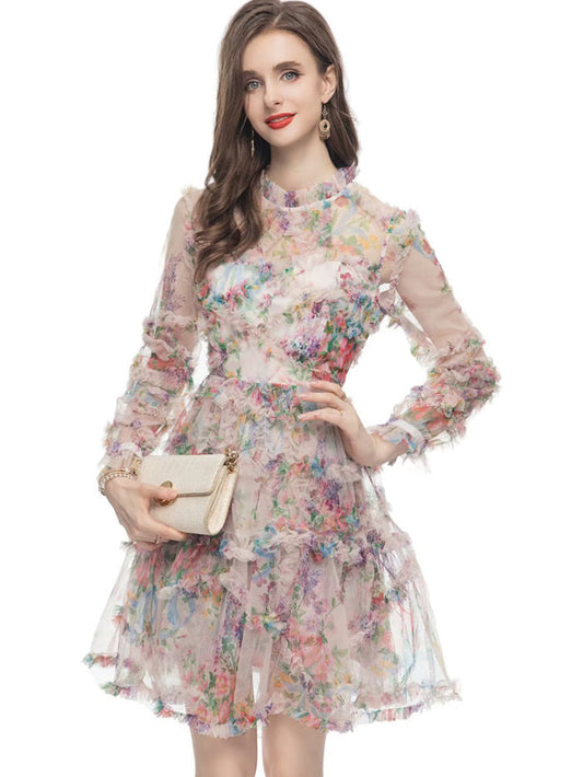 floral ruffle mini dress with sheer long sleeves – WHISPER