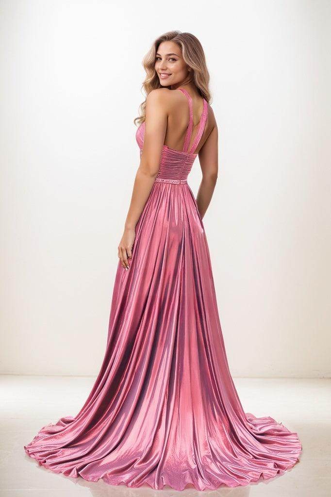Flower(s) Halter Pleated High Split A Line Sweep Train PromDress CS0817 - COCOMELODY