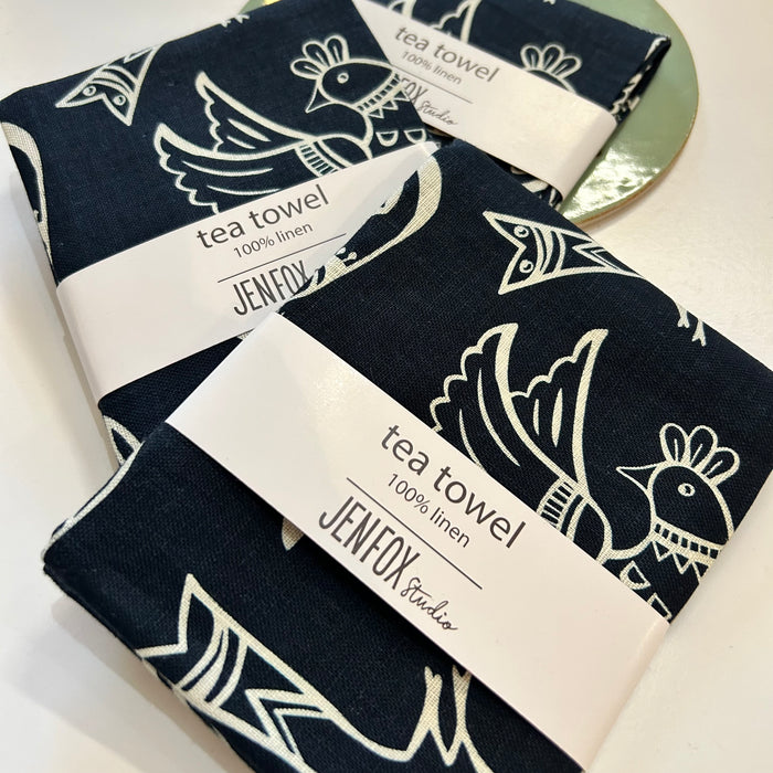 Folk Birds Linen Tea Towel