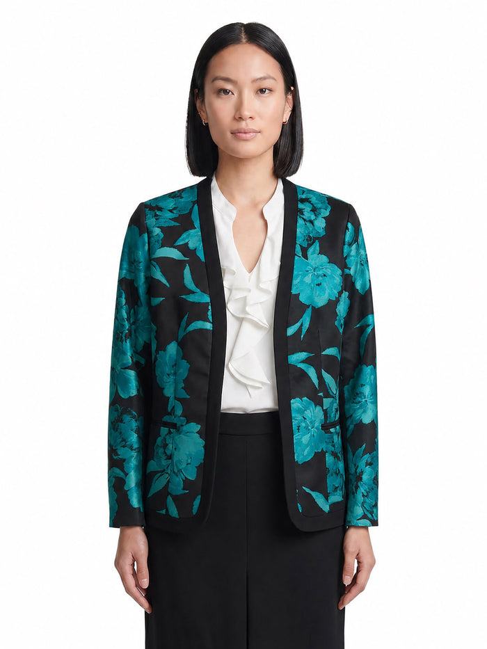 Framed Open Front Jacket, Jacquard Compression, Bottle Teal/Black Jacquard Multi | Kasper