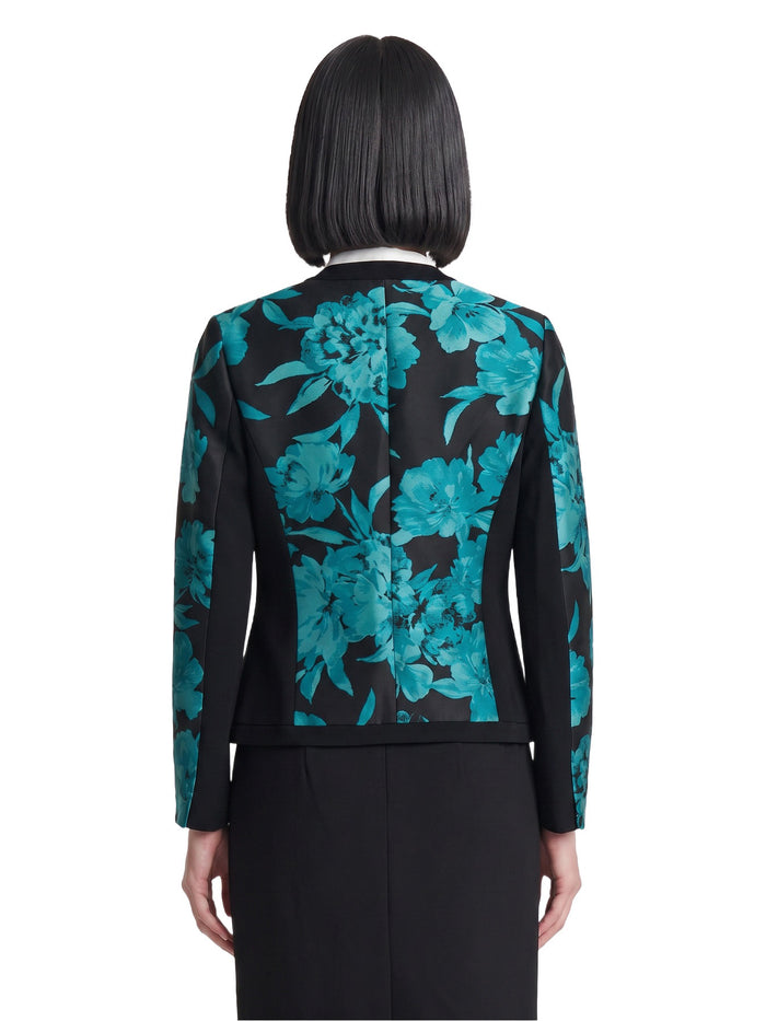 Framed Open Front Jacket, Jacquard Compression, Bottle Teal/Black Jacquard Multi | Kasper