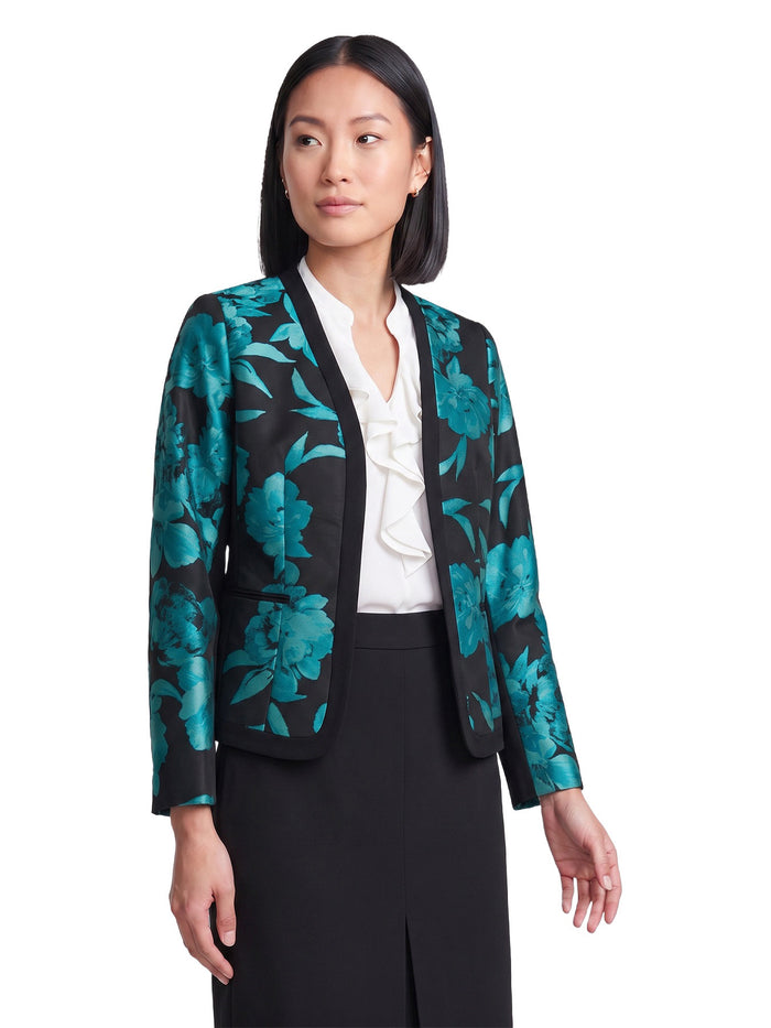 Framed Open Front Jacket, Jacquard Compression, Bottle Teal/Black Jacquard Multi | Kasper