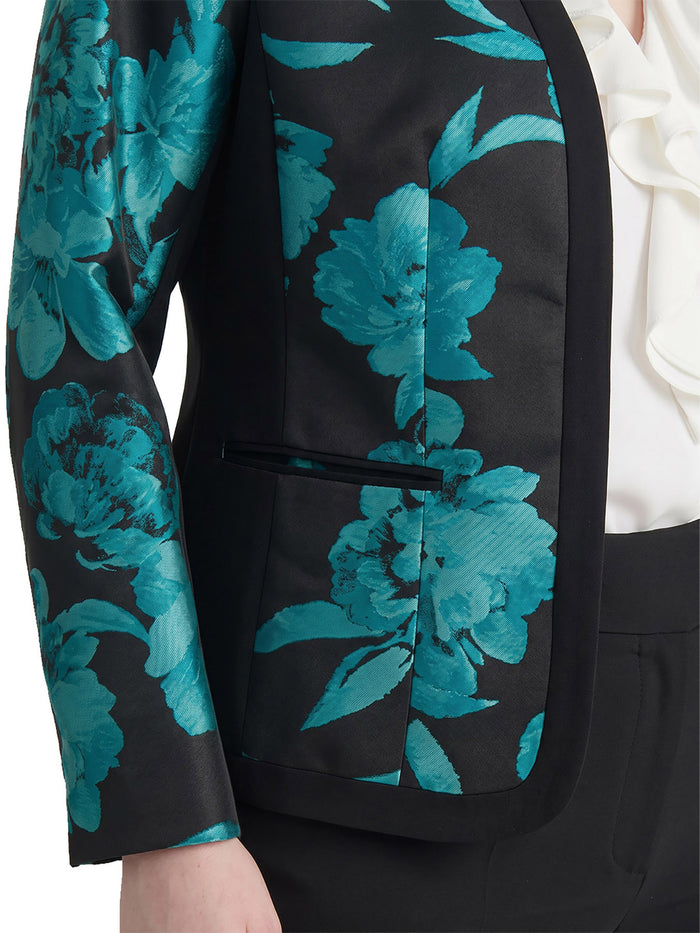 Framed Open Front Jacket, Jacquard Compression, Bottle Teal/Black Jacquard Multi | Kasper