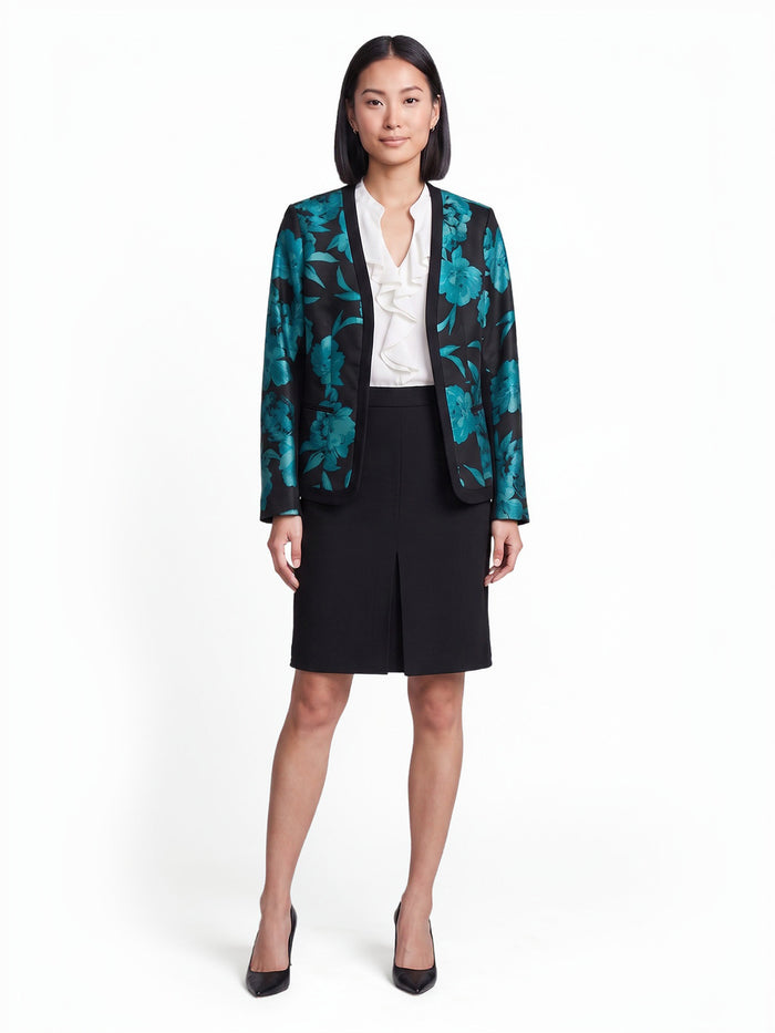 Framed Open Front Jacket, Jacquard Compression, Bottle Teal/Black Jacquard Multi | Kasper