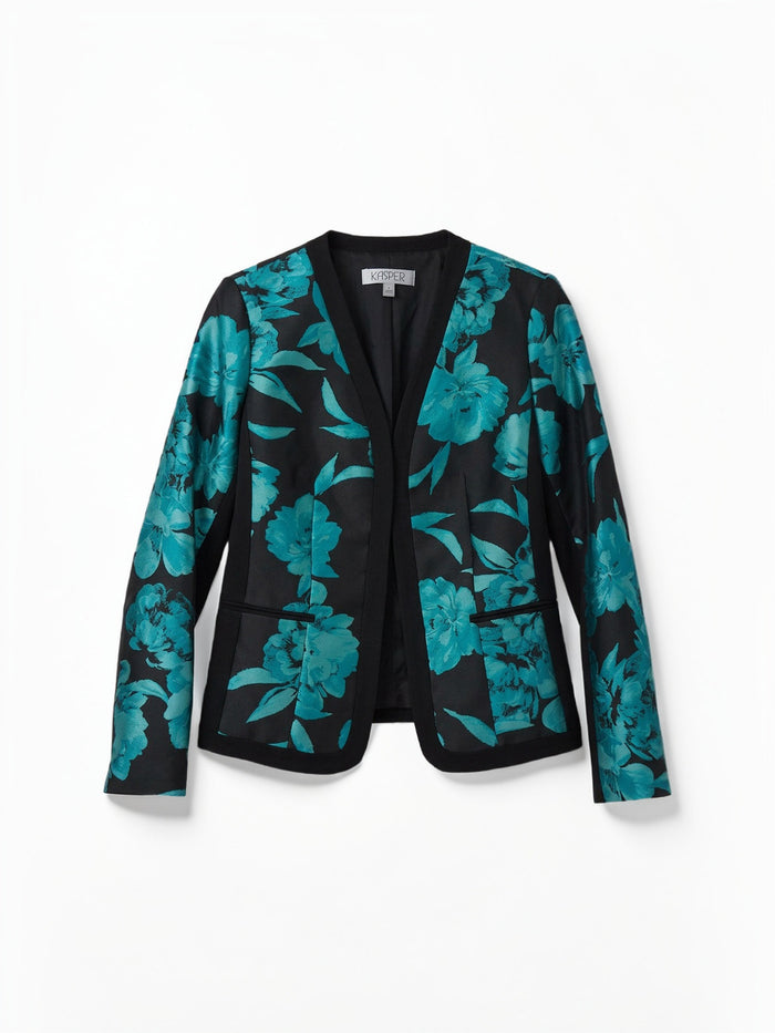 Framed Open Front Jacket, Jacquard Compression, Bottle Teal/Black Jacquard Multi | Kasper