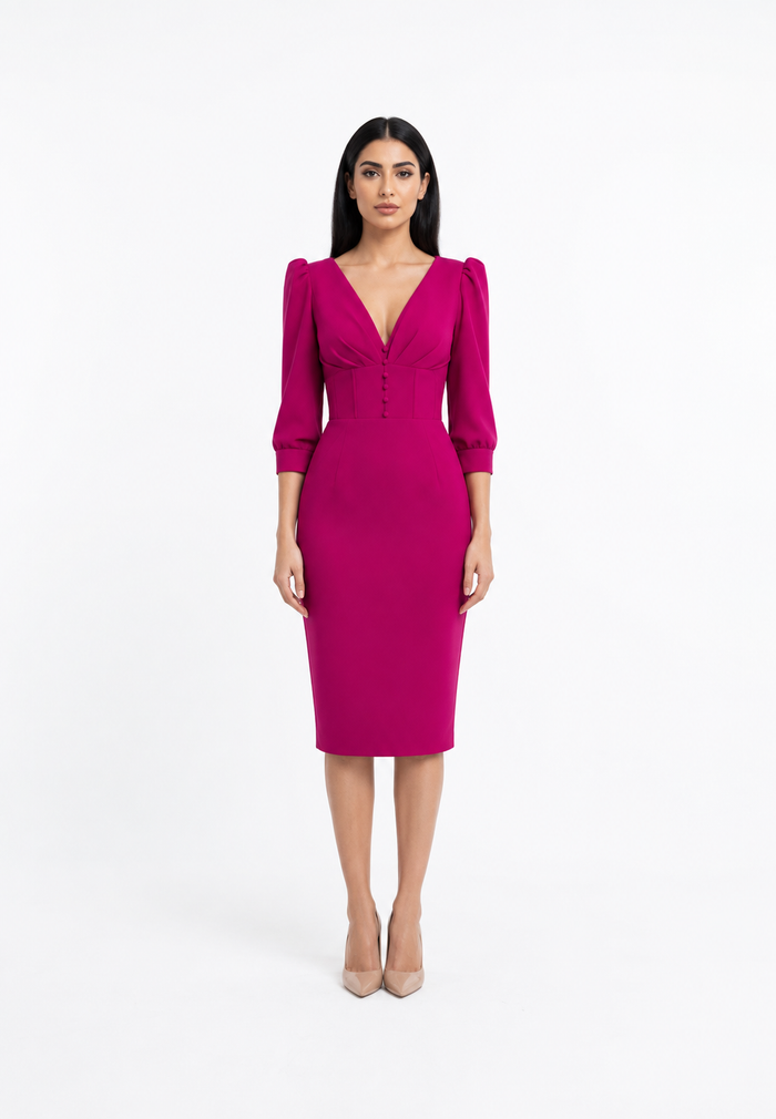 Fuchsia V-Neck Corset Midi Dress – MIREVÉ