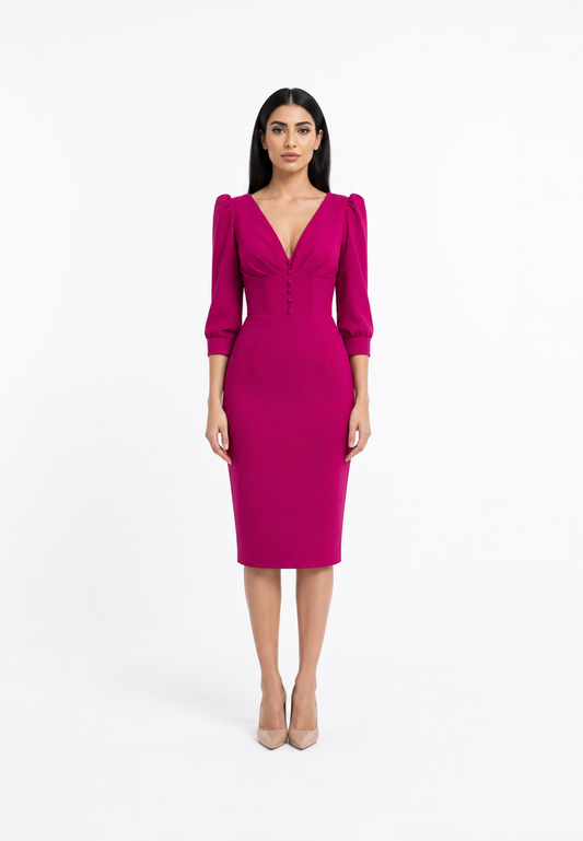 Fuchsia V-Neck Corset Midi Dress – MIREVÉ