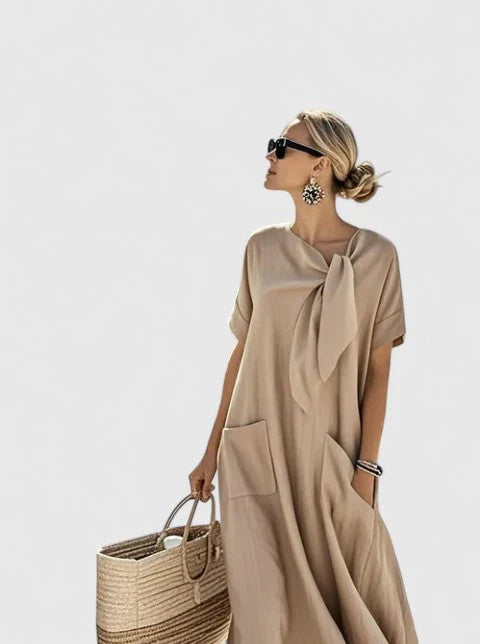 Grace - Casual Women's Maxi Dress with Bow Neckline and Patch Pockets