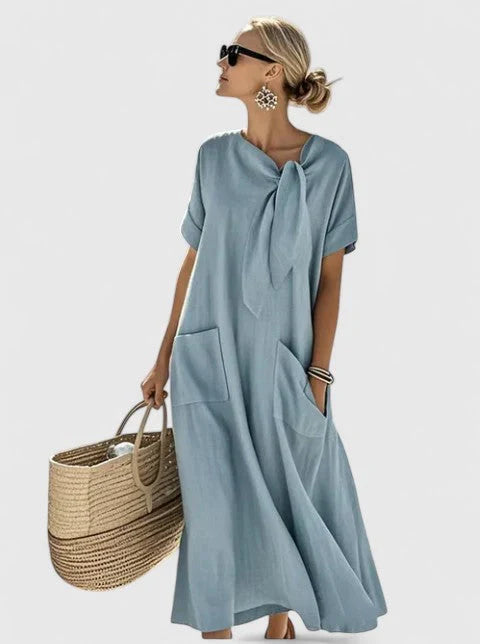 Grace - Casual Women's Maxi Dress with Bow Neckline and Patch Pockets