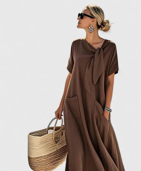 Grace - Casual Women's Maxi Dress with Bow Neckline and Patch Pockets