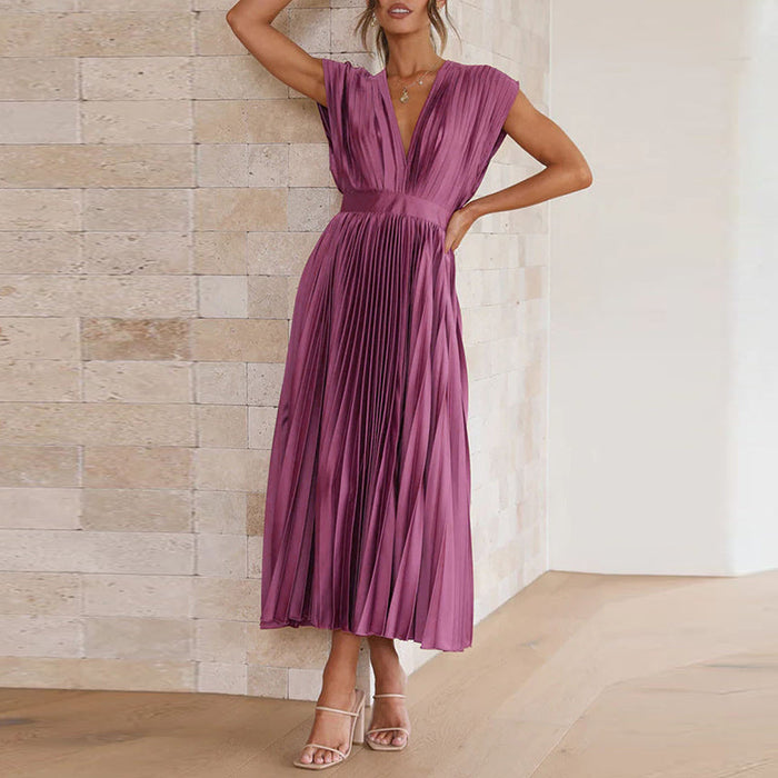 Grace - Flowy Women's Wedding Guest Dress with Deep V-Neck and Pleated Midi Skirt