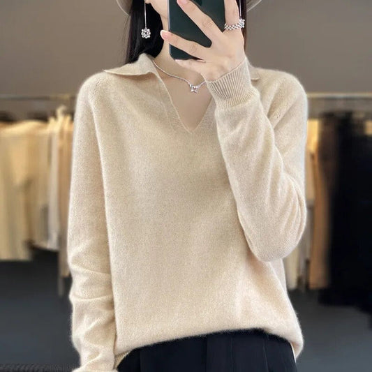 Grace - Women's V Neck Sweater Wool Style Ribbed Cuffs Relaxed Fit for Fall