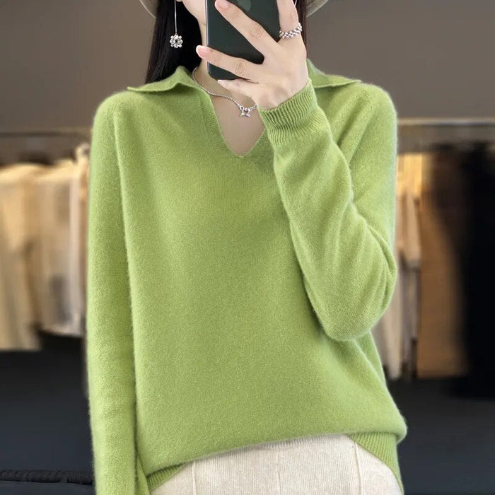 Grace - Women's V Neck Sweater Wool Style Ribbed Cuffs Relaxed Fit for Fall