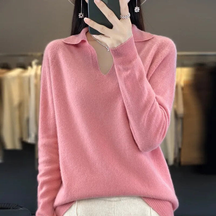 Grace - Women's V Neck Sweater Wool Style Ribbed Cuffs Relaxed Fit for Fall
