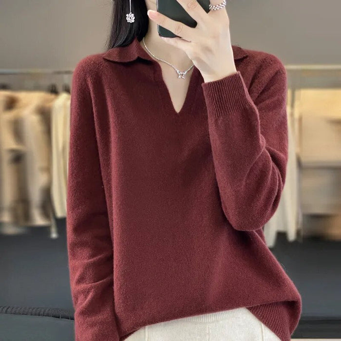 Grace - Women's V Neck Sweater Wool Style Ribbed Cuffs Relaxed Fit for Fall