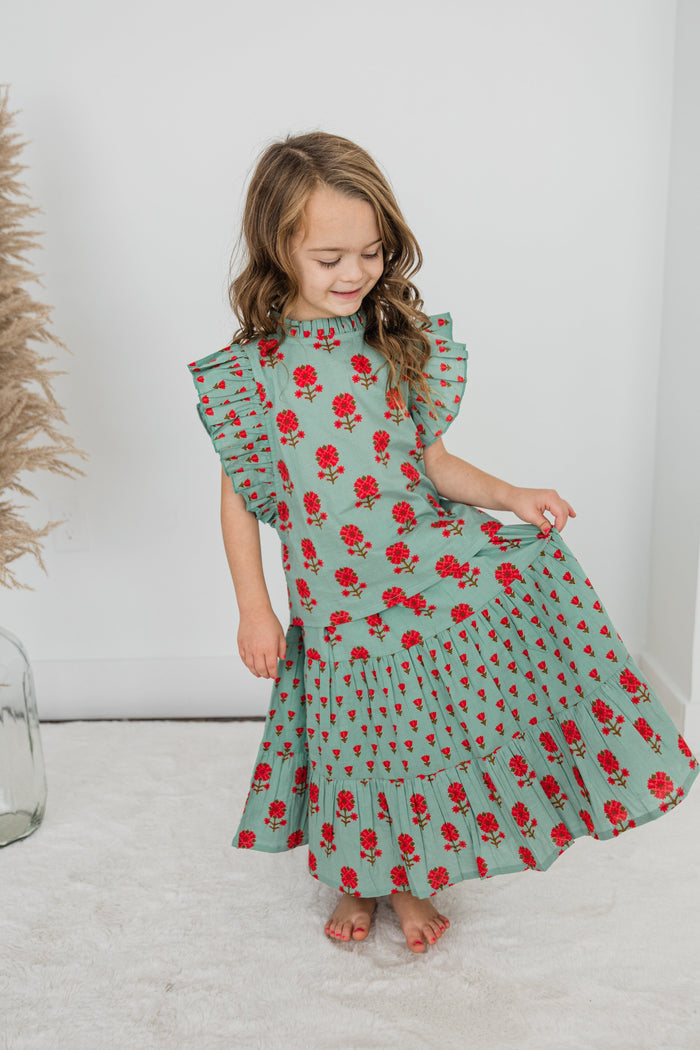 Green Floral Neck Ruffle Top & Tiered Skirt Set TOP & SKIRTS Yo Baby India
