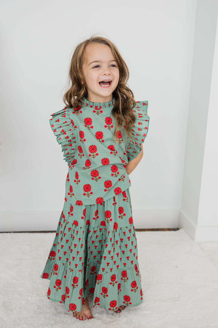 Green Floral Neck Ruffle Top & Tiered Skirt Set TOP & SKIRTS Yo Baby India