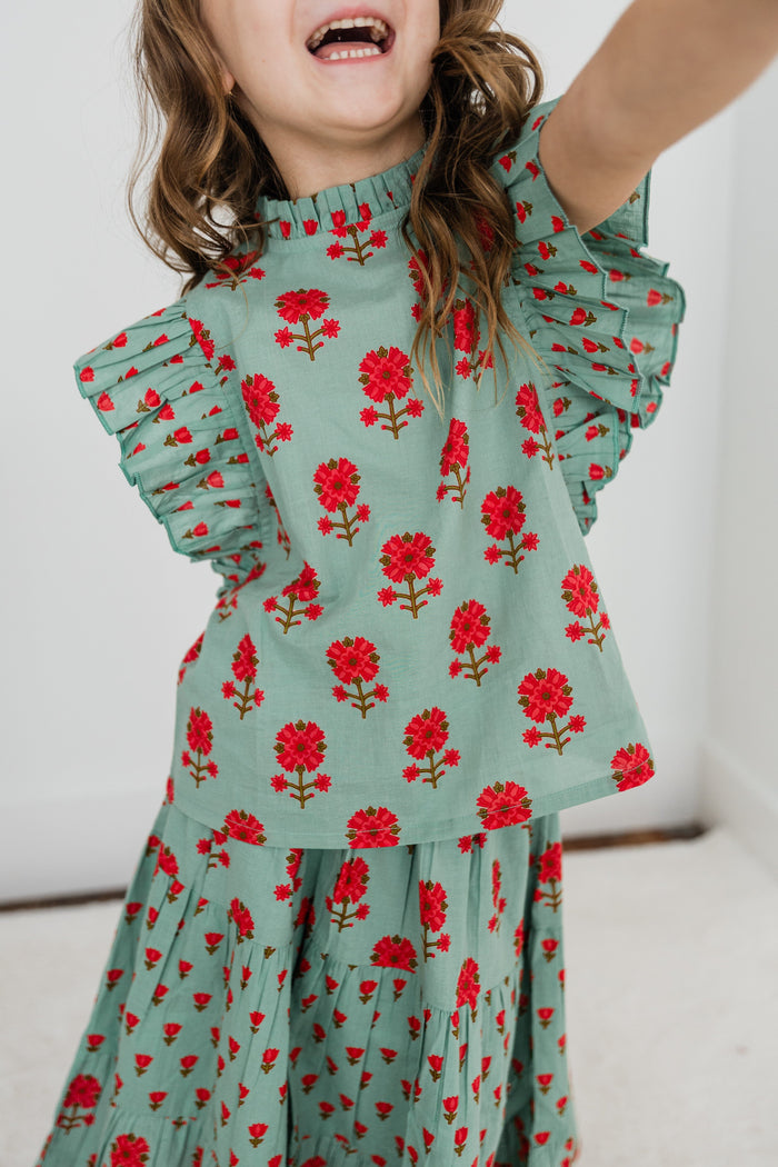 Green Floral Neck Ruffle Top & Tiered Skirt Set TOP & SKIRTS Yo Baby India