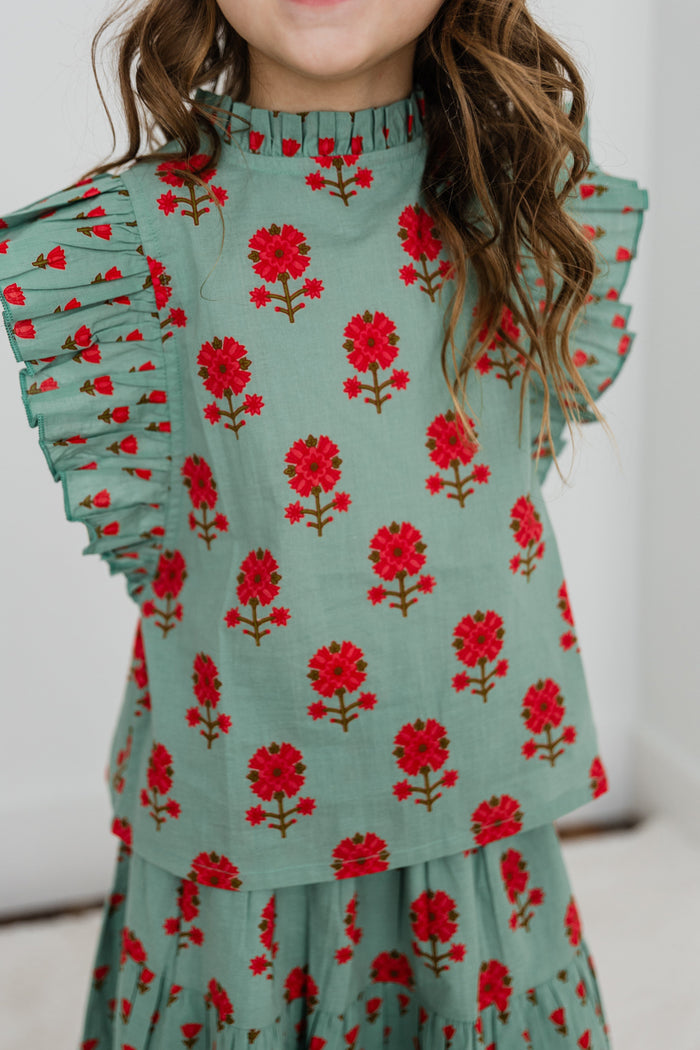 Green Floral Neck Ruffle Top & Tiered Skirt Set TOP & SKIRTS Yo Baby India