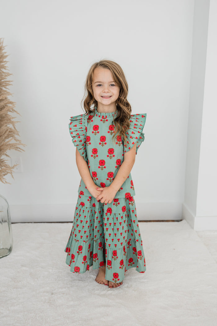 Green Floral Neck Ruffle Top & Tiered Skirt Set TOP & SKIRTS Yo Baby India