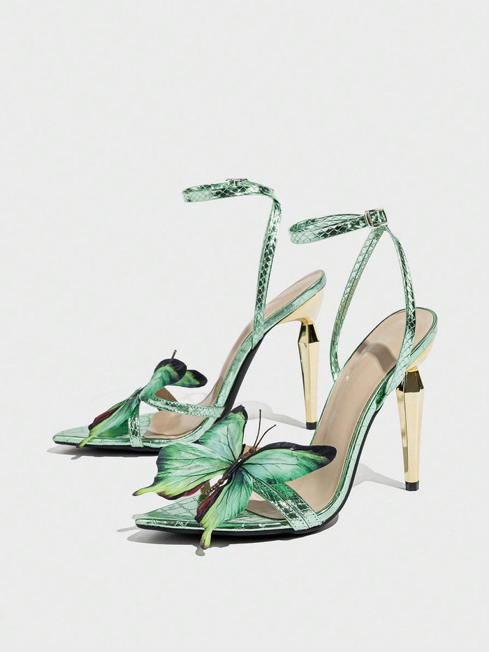 green snake-print sandals with 3D butterfly appliqué – MARIPOSA