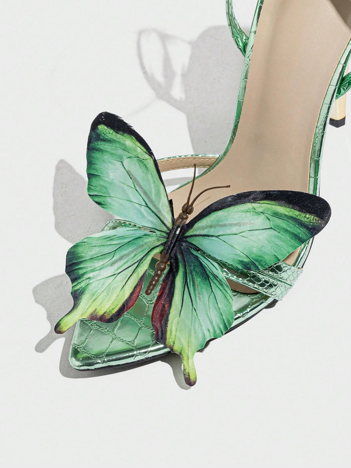 green snake-print sandals with 3D butterfly appliqué – MARIPOSA