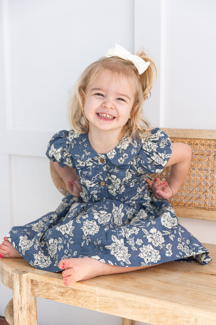 Grey Floral Printed Puff Sleeves Gathered Dress dress & diaper cover DRESS Yo Baby India