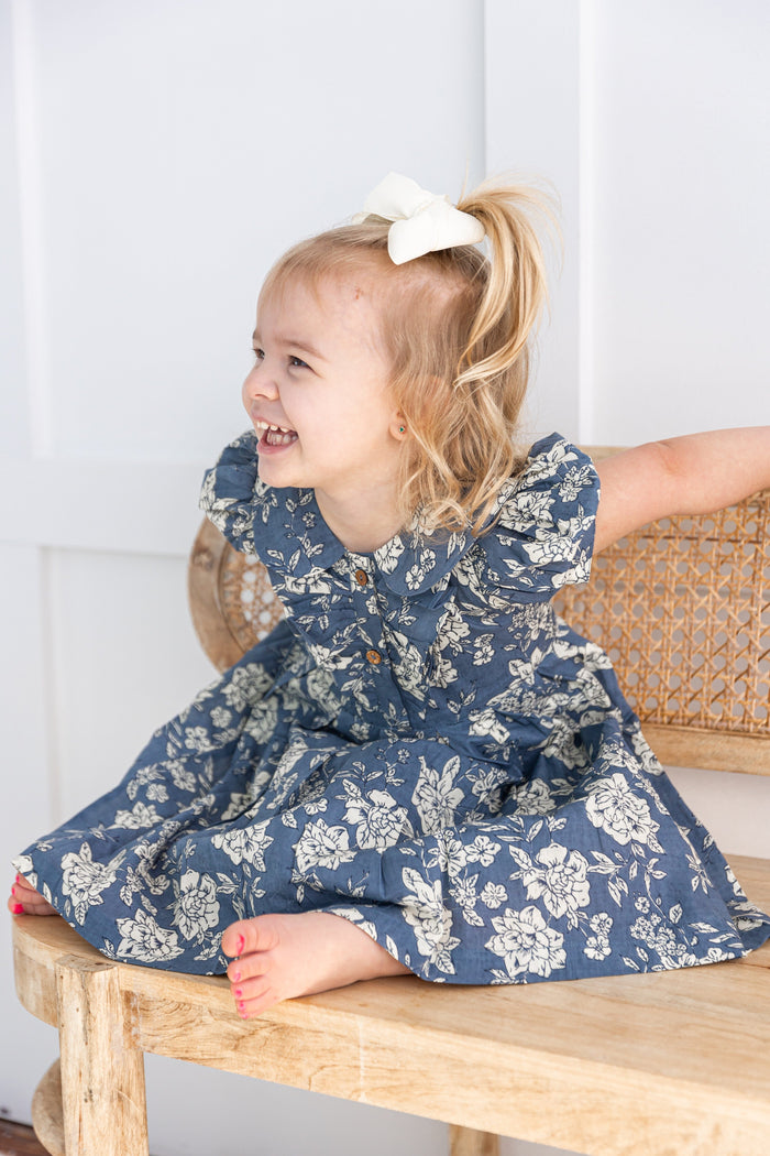 Grey Floral Printed Puff Sleeves Gathered Dress dress & diaper cover DRESS Yo Baby India