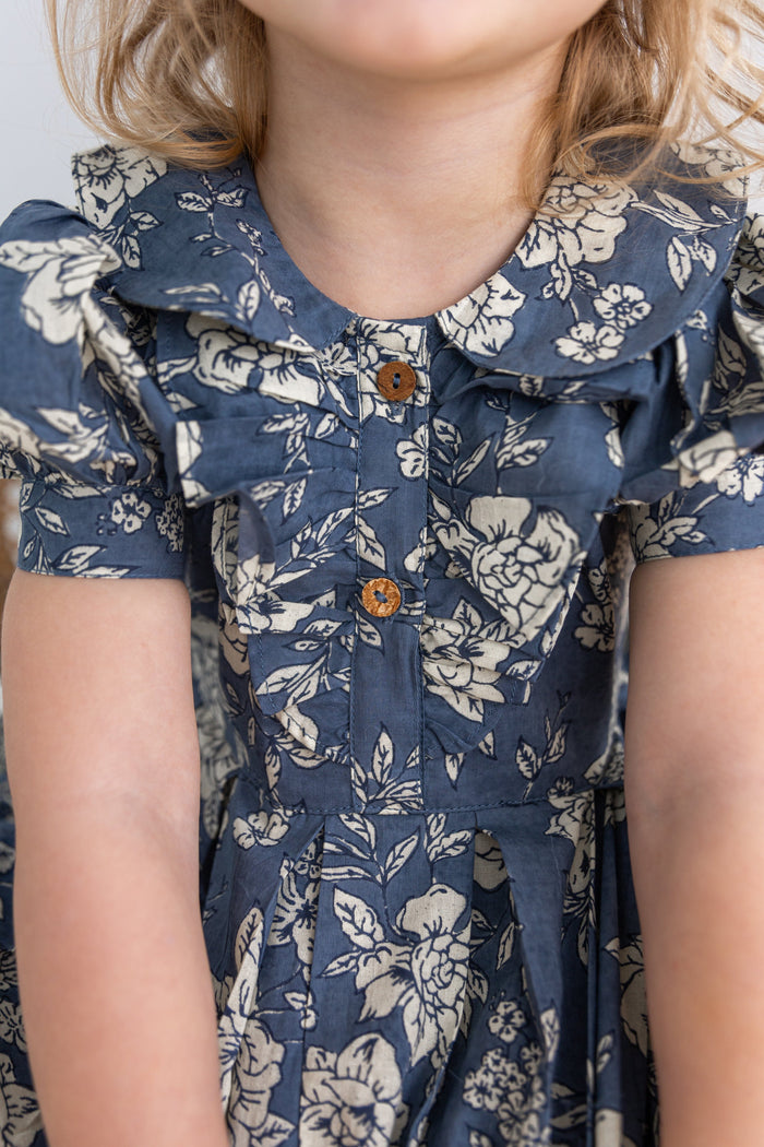 Grey Floral Printed Puff Sleeves Gathered Dress dress & diaper cover DRESS Yo Baby India