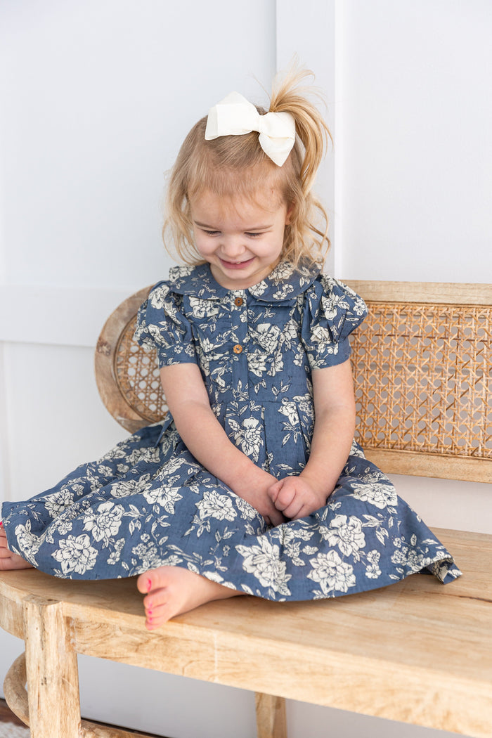 Grey Floral Printed Puff Sleeves Gathered Dress dress & diaper cover DRESS Yo Baby India