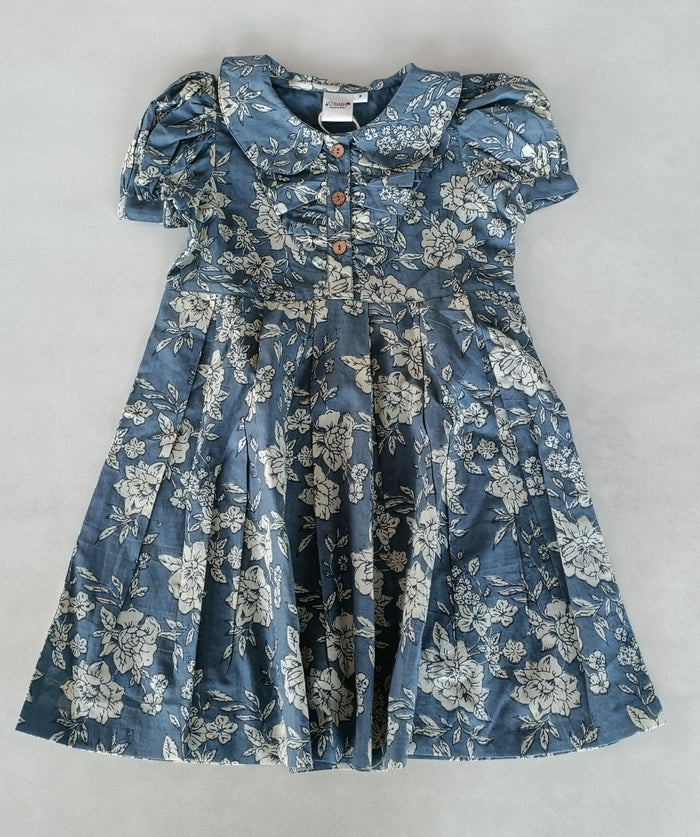 Grey Floral Printed Puff Sleeves Gathered Dress dress & diaper cover DRESS Yo Baby India