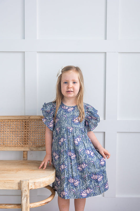 Grey Printed Sleeve Ruffled Gathered Dress – Infant Cotton-Lined Dress with Matching Bloomer