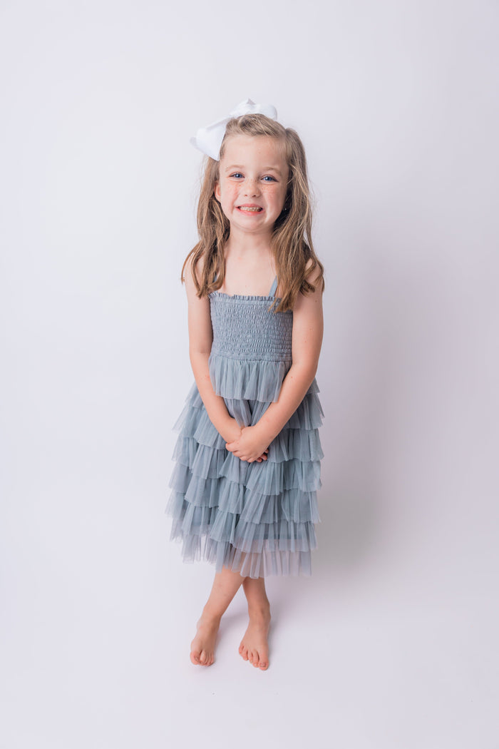Grey Tulle Solid Color Tiered Ruffle Dress dress Yo Baby India