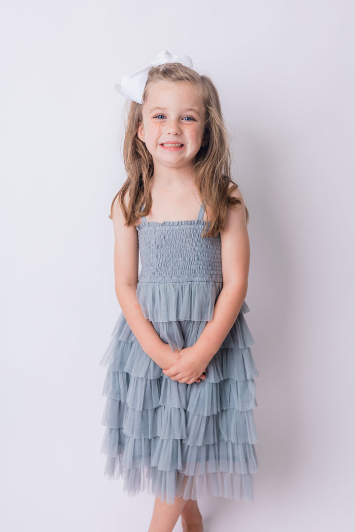 Grey Tulle Solid Color Tiered Ruffle Dress dress Yo Baby India