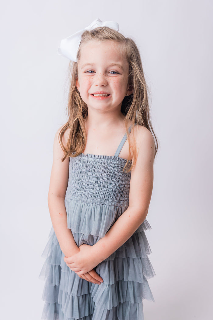 Grey Tulle Solid Color Tiered Ruffle Dress dress Yo Baby India