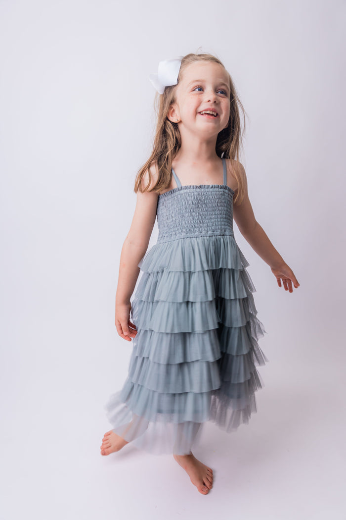 Grey Tulle Solid Color Tiered Ruffle Dress dress Yo Baby India