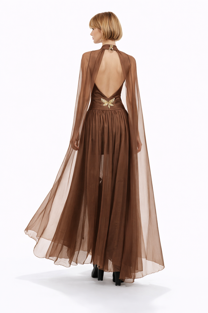 Halter Neck Chiffon Maxi Dress with Flowing Cape Sleeves – MOCHA