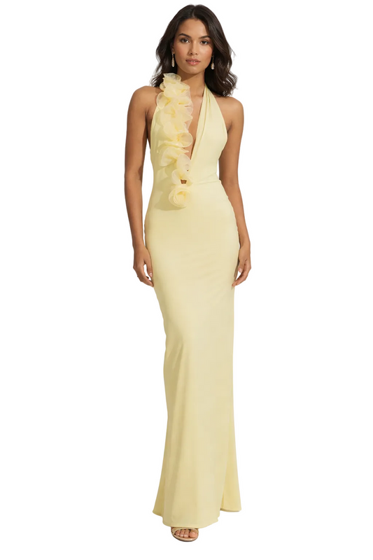 halter neck column dress with ruffle detail – LUMIÈRE