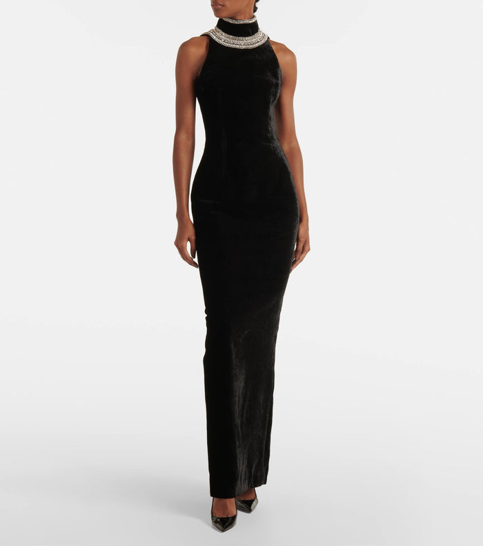 halter velvet gown with embellished neckline – Gomah