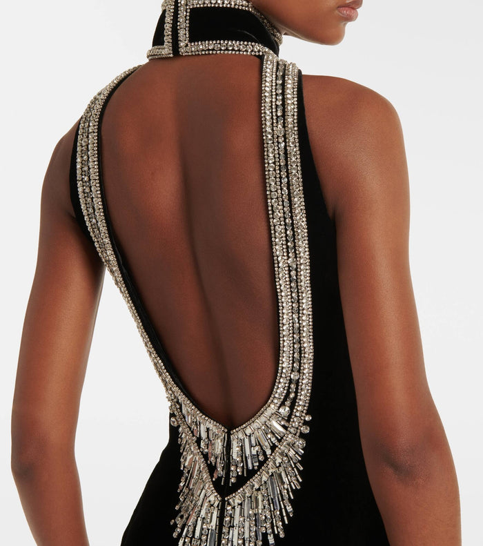 halter velvet gown with embellished neckline – Gomah