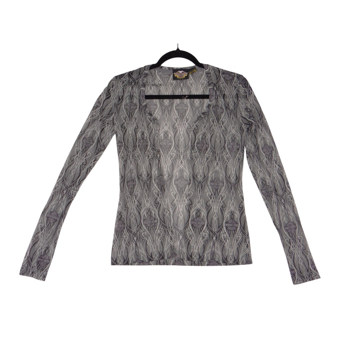 Harley Davidson Womens Grey Tribal Logo Mesh Sheer Long Sleeve Top Size M 39650