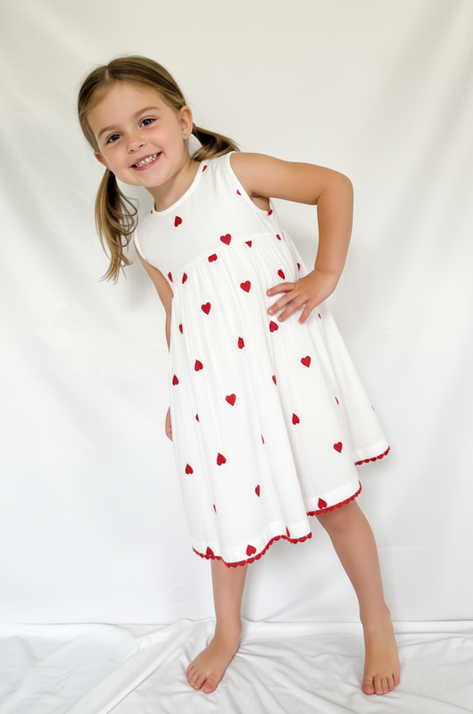 Heart-Embroidered Cotton Dress – Infant & Toddler Girls Outfit with Matching Bloomer