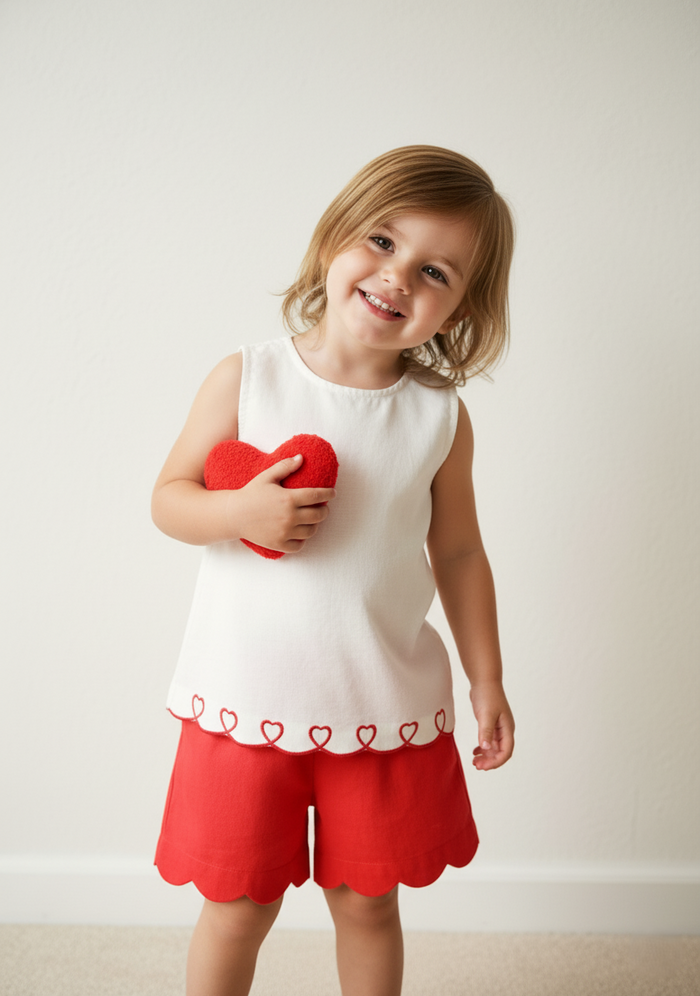 Heart Embroidered Top & Scalloped Shorts Set – Infant & Toddler Girls Outfit with Matching Bloomer